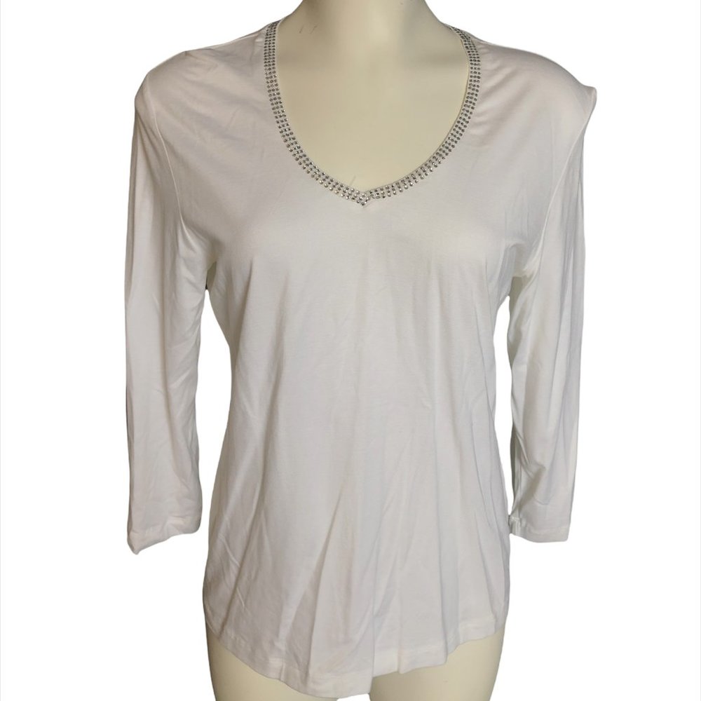 White long sleeve with silver gems at neckline